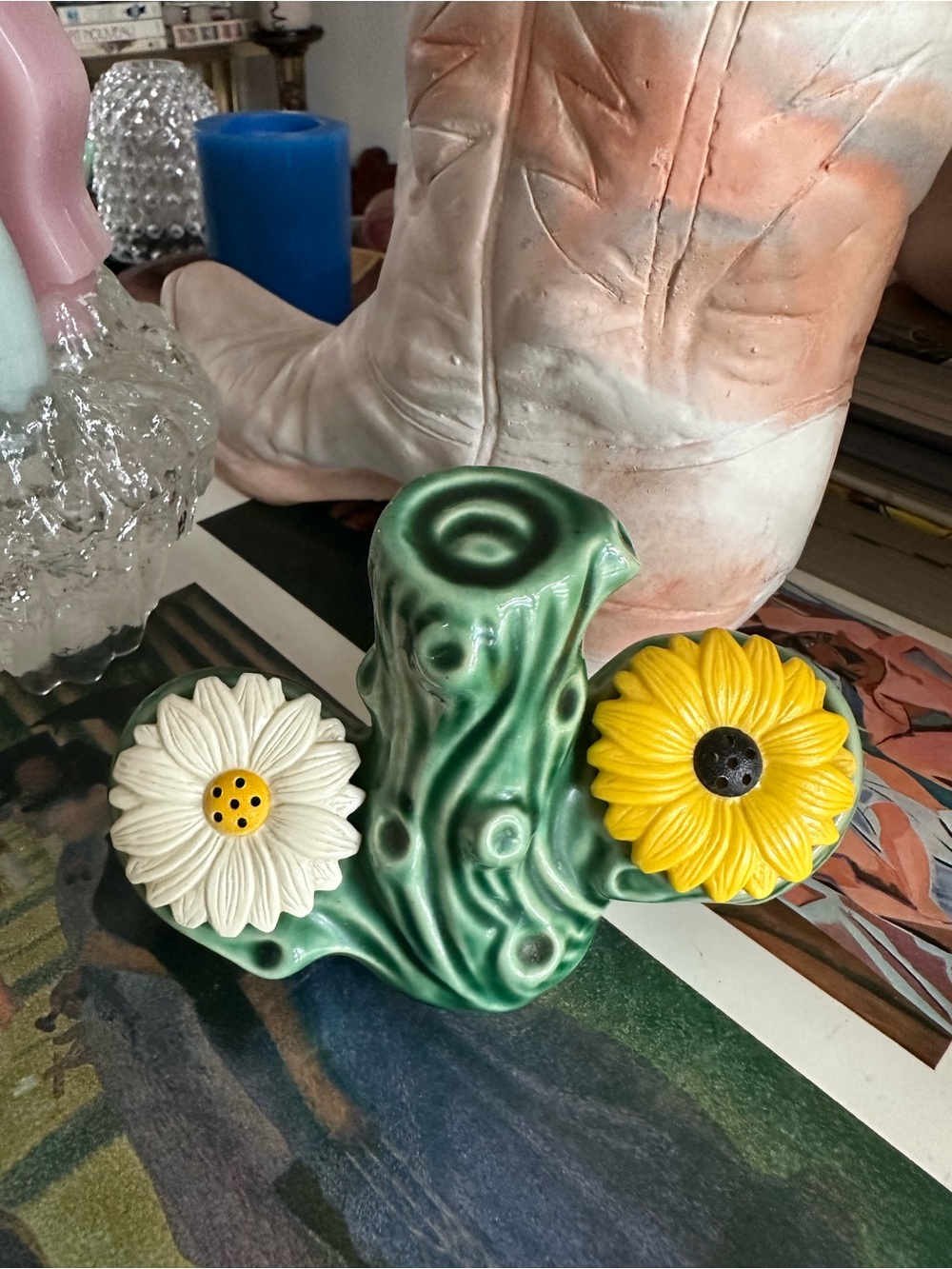 Vintage Mid Century Jaydon Salt and Pepper Shaker Set Kitsch Cactus w/ Flowers